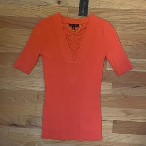 Ribbed Lace-Up Neck Sweater - Coral - Size XS
